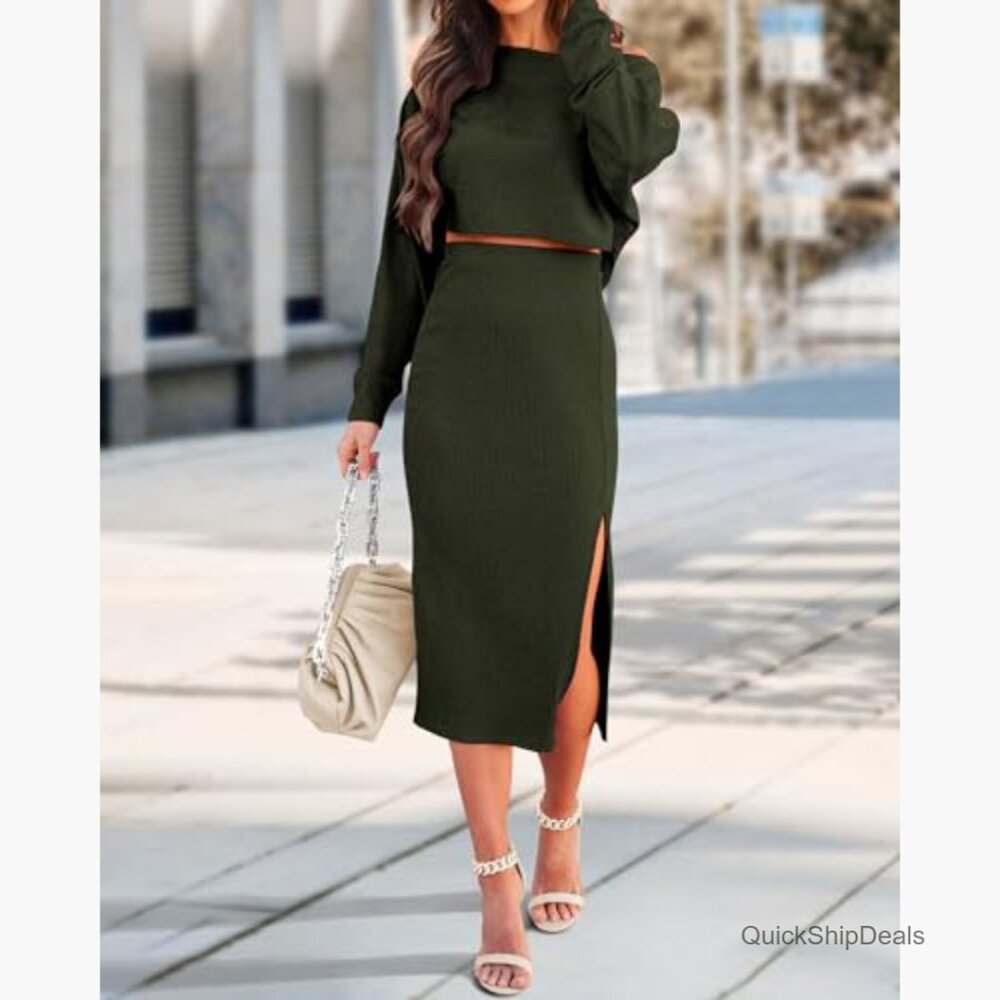 Polyester Elastane Ribbed Knit Two Piece Skirt Se… - image 2